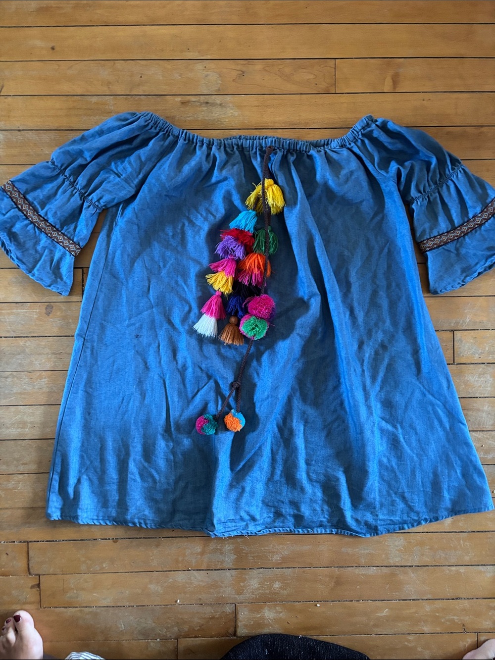 EUC Aiden Boho Off-Shoulder Tunic/Dress with Colorful Tassel Detail - Blue